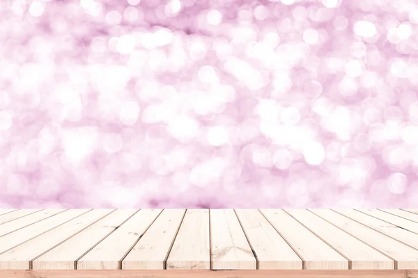 Lantai Papan Kayu Dengan Latar Belakang Pink Bokeh Abstrak — Stok Foto