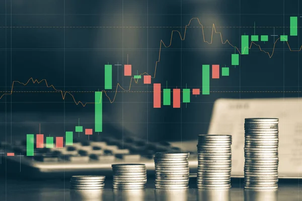Stapels Gouden Munten Met Trading Graph Achtergrond Financiële Investering Concept — Stockfoto