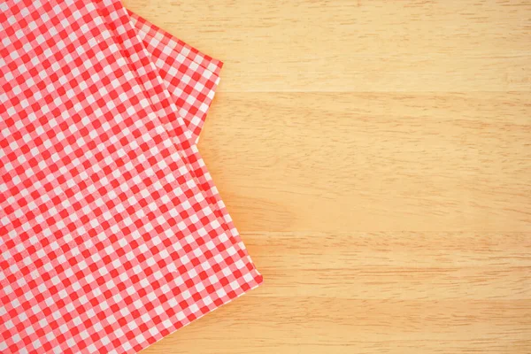 Classic Pink Plaid Fabric Tablecloth Wood Desk Copy Space — Stock Photo, Image