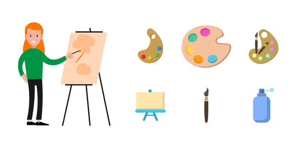 绘画工具元素漫画彩色矢量集 艺术用品 画架与画布 水彩画 调色板 为讲习班设计制作创意材料 — 图库矢量图片