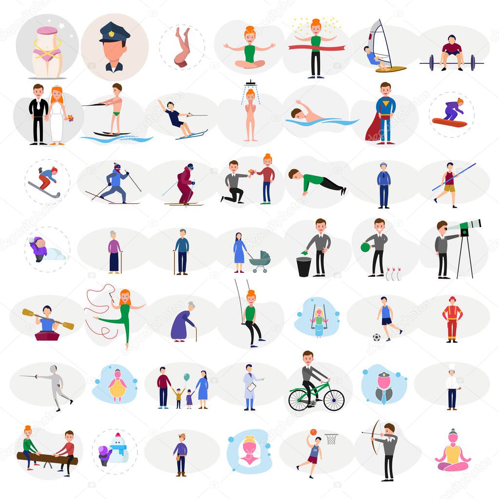 people character flat icon set with doctor. cyclotourism. fireman, people, gymnastics. police