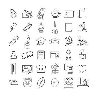 Okul ve Eğitim satırı Simgesi Mezuniyet şapkası, kitap, kalem, silgi, karatahta