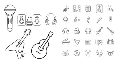 müzik çizgisi simgesi seti müzik enstrümanları, gitar, davul, müzik notaları, kulaklıklar, mikrofon