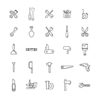 tamir araçları satır simgesi çekiç, anahtar ve tornavida, matkap, çivi, keski, boya silindiri, testere, alet kutusu ile set