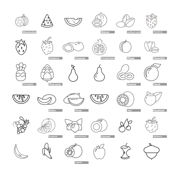 Conjunto Iconos Línea Frutas Con Sandía Melón Manzana Melocotón Uvas — Vector de stock