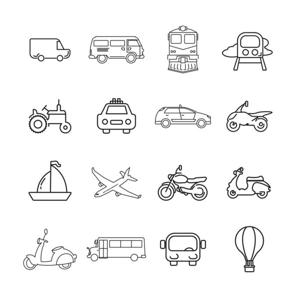 transport line icon set with car, bus, plane, ship, motorcycle, taxi car