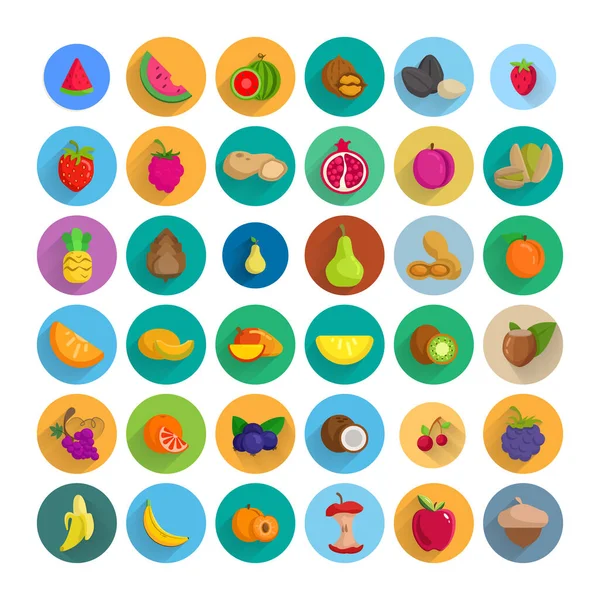 Flaches Icon Set Mit Langem Schatten Mit Wassermelone Melone Apfel — Stockvektor