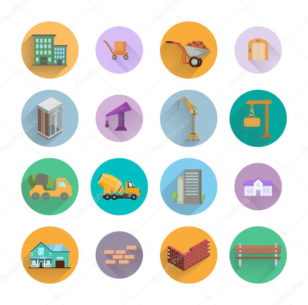 Building flat icon set with long shadow with house excavator elevator lift crane