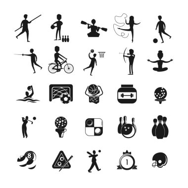 Spor simgesi belirlenmiş golf topu, bilardo, bowling, dama, protein kutusu, futbol golü, atlet silueti
