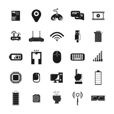 3D gözlüklü teknoloji simgesi, mobil ağ, bilgisayar, pil, wifi yönlendirici, işlemci, fare
