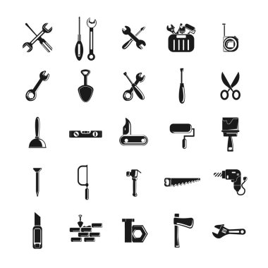 çekiç, anahtar ve tornavida, matkap, çivi, kesici, boya silindiri, testere, alet kutusu ile tamir araçları simgesi