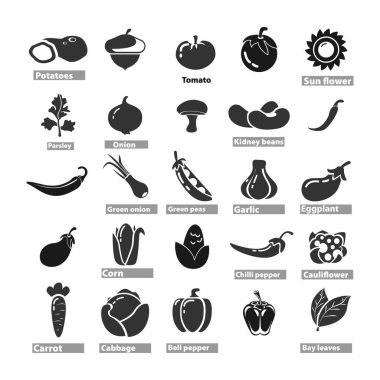 Sebze ikonu, salatalık, sarımsak, defne yaprağı, patlıcan, yeşil bezelye, dolma biber, biber, soğan, maydanoz, domates.