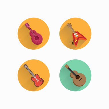 gitar düz ikon set ile uzun gölge, elektro gitar, klasik İspanyol gitar, akustik ahşap gitar