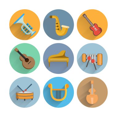 Uzun gölgeli müzik enstrümanları düz simge seti, davul, kuyruklu piyano, dümenci, Barbitos, keman, trompet, saksafon