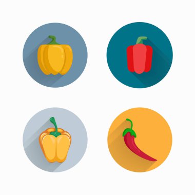 Kırmızı çan biberi ve sarı düz simge seti. Uzun gölge ve kırmızı kırmızı biber.