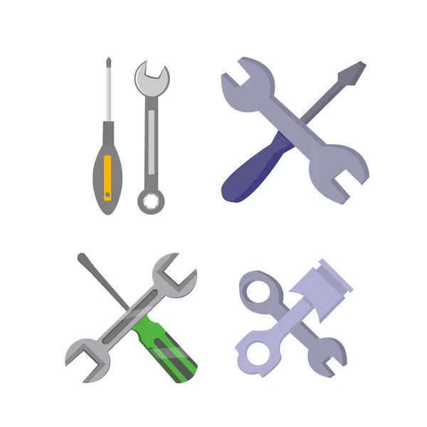 Icono Servicio Reparación Llave Inglesa Destornillador Icono Plano Conjunto Con — Vector de stock