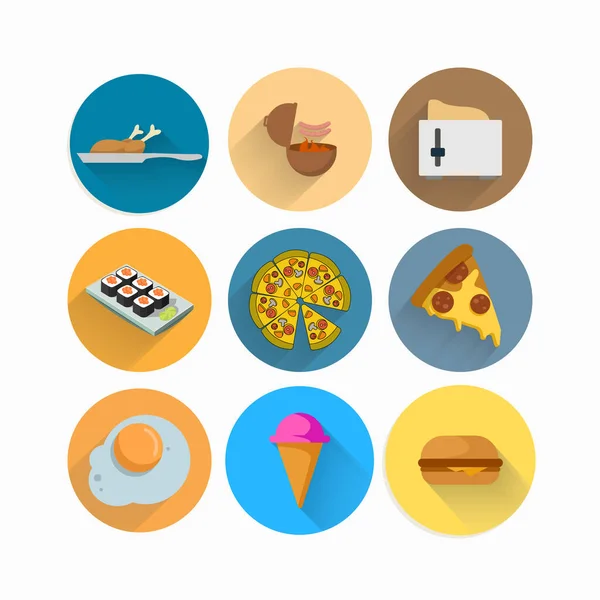 Comida Icono Plano Conjunto Con Sombra Larga Pizza Hamburguesa Huevo — Vector de stock