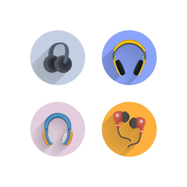 Headphone Flat Icon Set Long Shadow Earplugs — Stock Vector