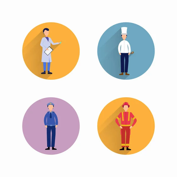 Politie Dokter Kokkin Brandweerman Flat Icon Set Met Lange Schaduw — Stockvector