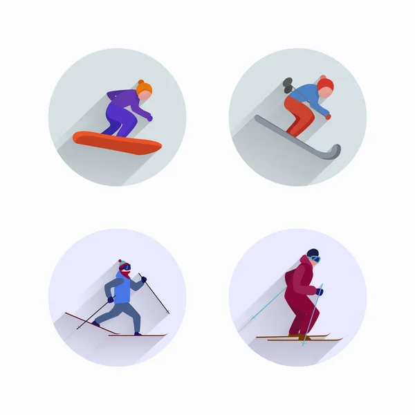 Skidåkare Snowboardåkare Vinter Sport Platt Ikon Set Med Lång Skugga — Stock vektor