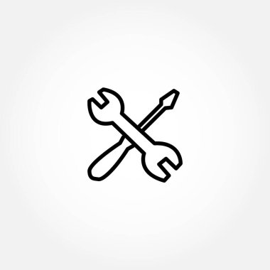 Servis simgesi. Tamir ikonu. Tornavida çizgisi simgesi olan İngiliz anahtarı. Tornavida izole edilmiş çizgi simgesine sahip İngiliz anahtarı