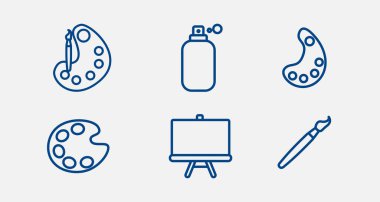 Boyama araçları satır simgesi seti. Sanat malzemeleri: tuval, fırça, suluboya, palet. Atölyeler için yaratıcı materyaller çizmek