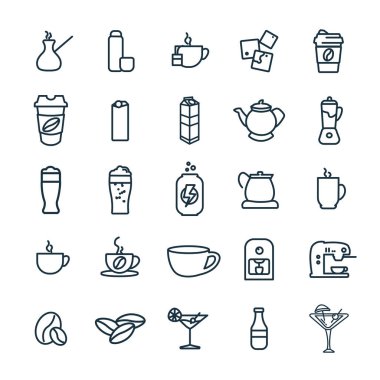 içecek çizgisi simgesi seti, bira, kahve, süt kutusu, soda, enerji içeceği, kahve, çaydanlık, çay