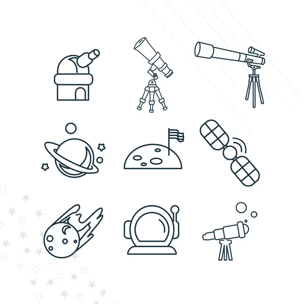 Icona Della Linea Spaziale Con Osservatorio Telescopio Casco Astronauta Satellite — Vettoriale Stock