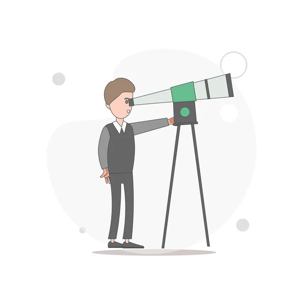 Hombre Mirando Través Del Telescopio Vector Ilustración Plana Blanco — Vector de stock