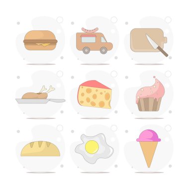 Beyaz arka planda besin vektörü düz çizimi. Et, hamburger, kızarmış yumurta, peynir, dondurma, kızarmış tavuk, kek.