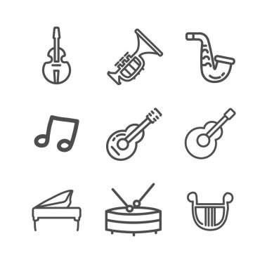 müzik enstrümanları çizgisi simgesi seti, davul, grand piano, dulcimer, Barbitos, keman, trompet, saksafon