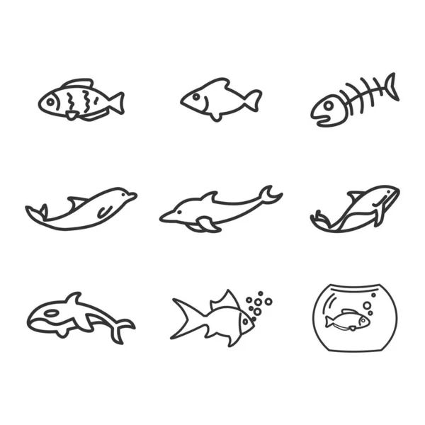 Иконка Линии Морских Рыб Акулами Дельфинами Косатками Аквариумными Рыбами — стоковый вектор