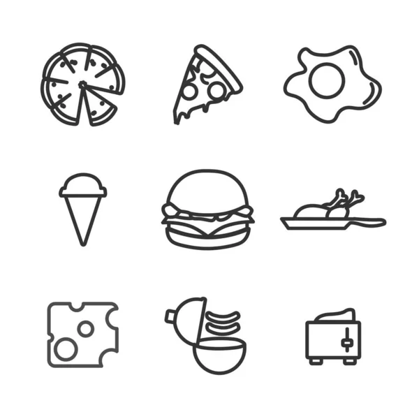 Conjunto Iconos Línea Alimentos Carne Hamburguesa Huevo Frito Queso Helado — Archivo Imágenes Vectoriales