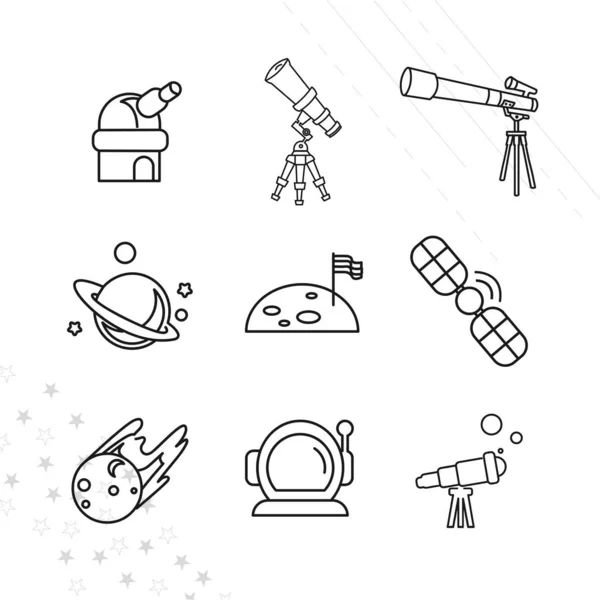 Planeten Teleskop Observatorium Shuttle Meteor Space Line Icon Set — Stockvektor