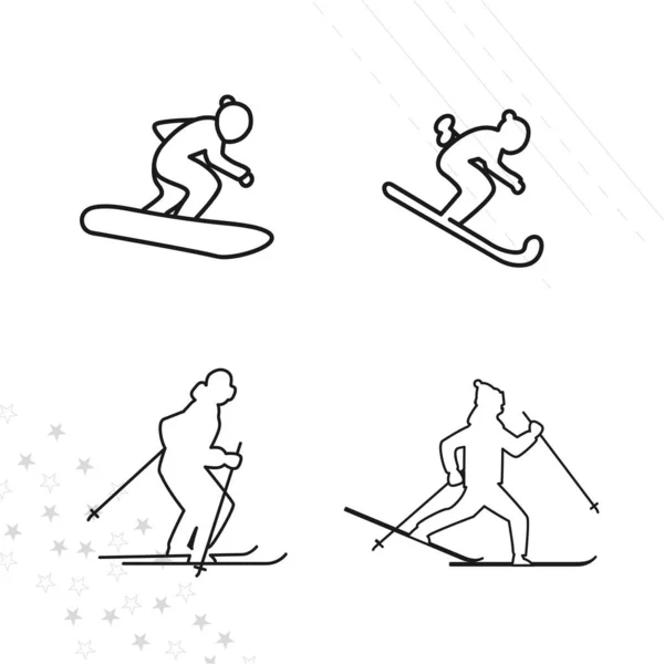 スキーヤースノーボーダーウィンタースポーツラインアイコンセット — ストックベクタ