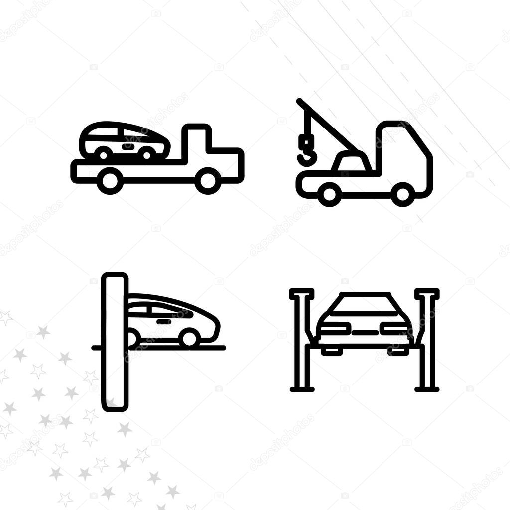 Tow truck line icon set , broken car