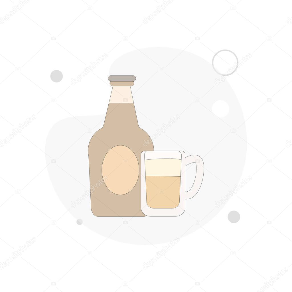 Bottle of beer with glass vector flat illustration on white background