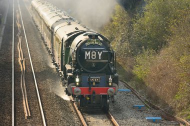 Upton. Somerset. Birleşik Krallık. 2. 2016. Devon Belle buharlı treni Somerset 'te Upton' dan geçiyor..