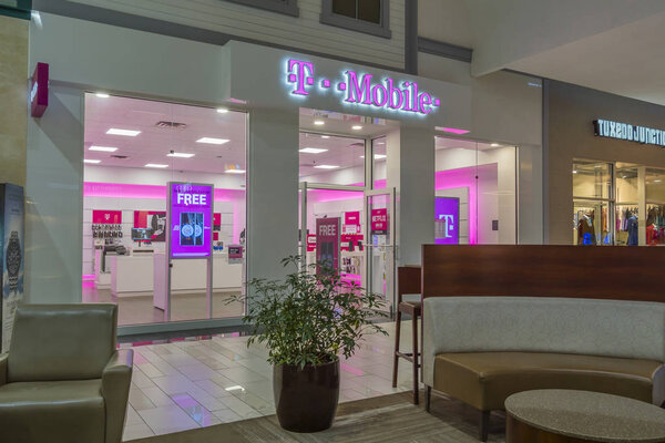 UTICA, NEW YORK, USA - JUNE 23, 2018: T-Mobile cellular operator shop in Sangertown Mall New Hartford, New York.