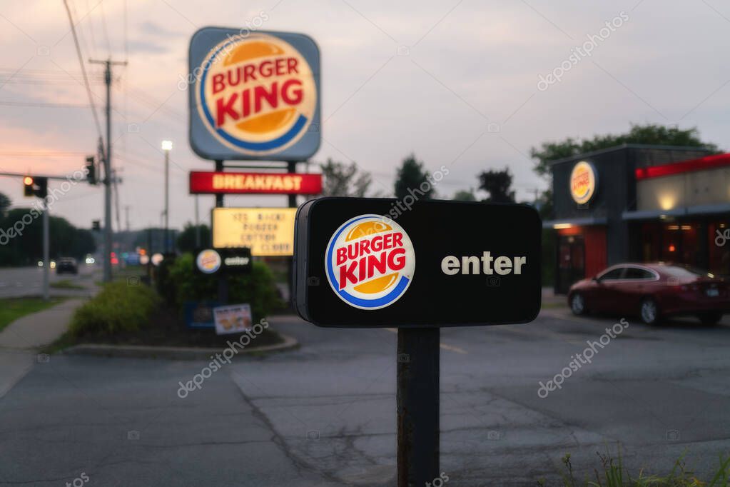 New Hartford, New York - Aug 6, 2025: Selective focus view of Burger King Restaurant Enter Sign, Burger King is known as BK, is the second-largest fast food hamburger chain in the world