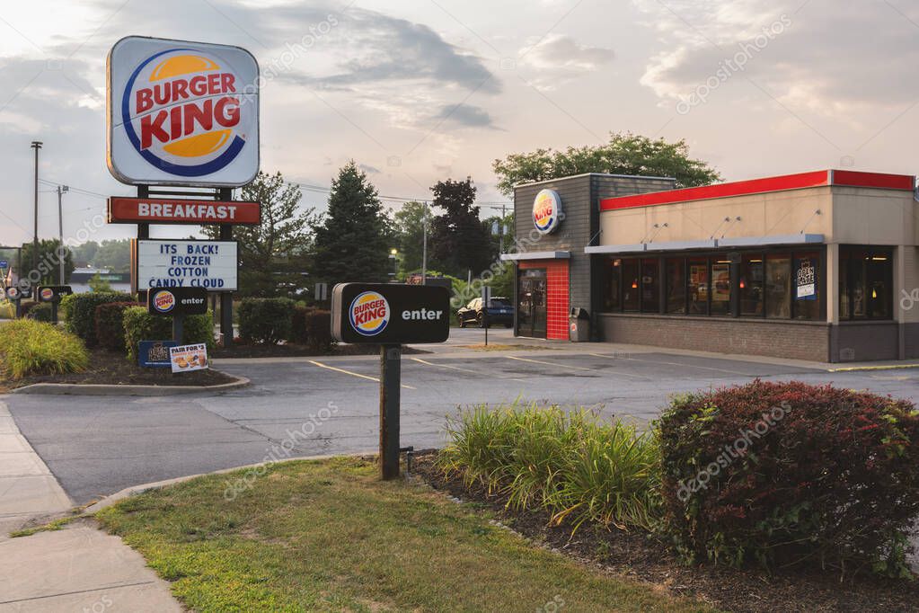 New Hartford, New York - Aug 6, 2025: Night View of Burger King Restaurant, Burger King is known as BK, is the second-largest fast food hamburger chain in the world