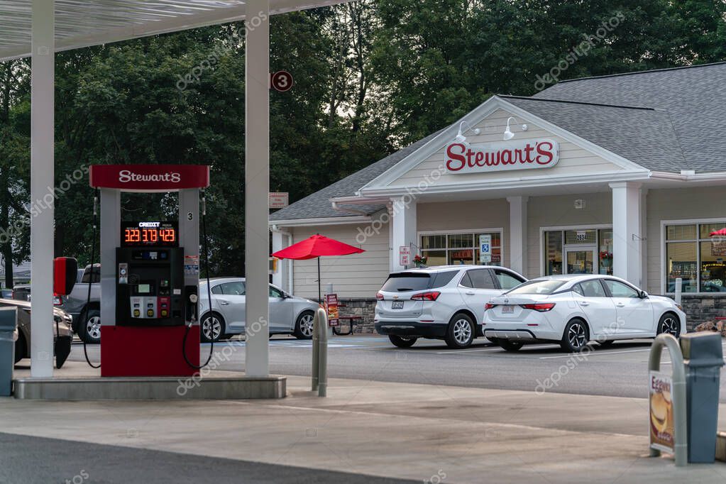 Utica, NY - Aug 4, 2025: Close-up view of Stewart's Shop building exterior and gas pumps.Stewart's Shop is a convenience store chain primarily located in the Northeastern United States.