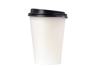 Beyaz poşette izole edilmiş kağıt kahve fincanı. Paket yemek..