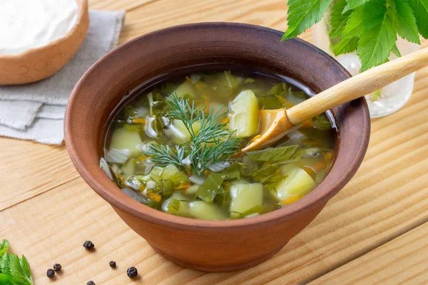 Soupe Verte Rustique Aux Légumes Dans Une Assiette Argile Sur — Photo