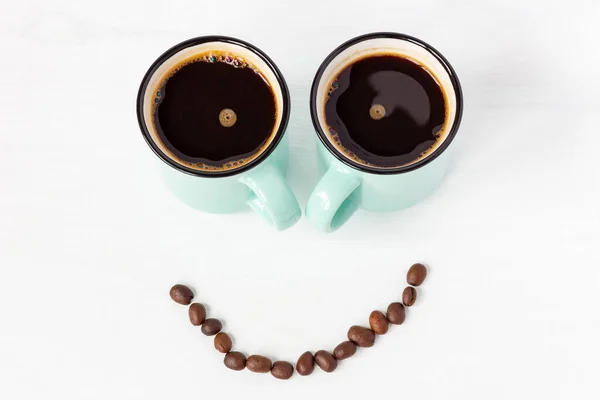 Dos Tazas Café Expreso Con Sonrisa Granos Café — Foto de Stock