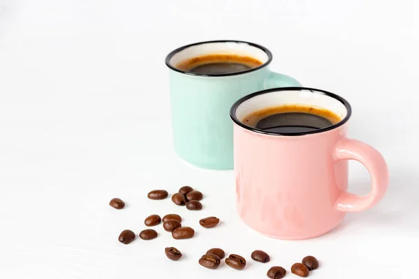 Dos Tazas Café Para Para Ella Fragantes Granos Café Sobre — Foto de Stock