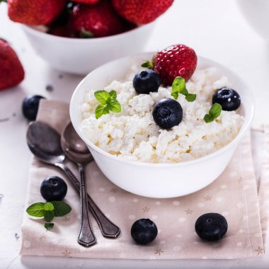 Beyaz kâse içinde sağlıklı kahvaltı süzme peyniri ve taze yaz meyveleri.