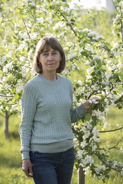 Yaşlı esmer kadın elma bahçesinde çiçek açan elma dallarıyla poz veriyor.
