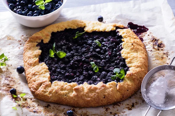 Homemade Crispy Blueberry Pie Galette Mint Summer Bright Delicious Pies — Stock Photo, Image