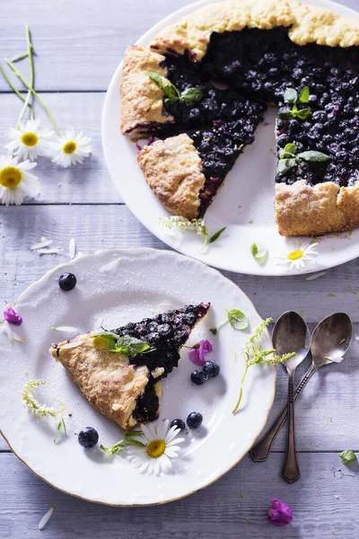 Homemade Crispy Blueberry Pie Galette Mint Summer Bright Delicious Pies — Stock Photo, Image